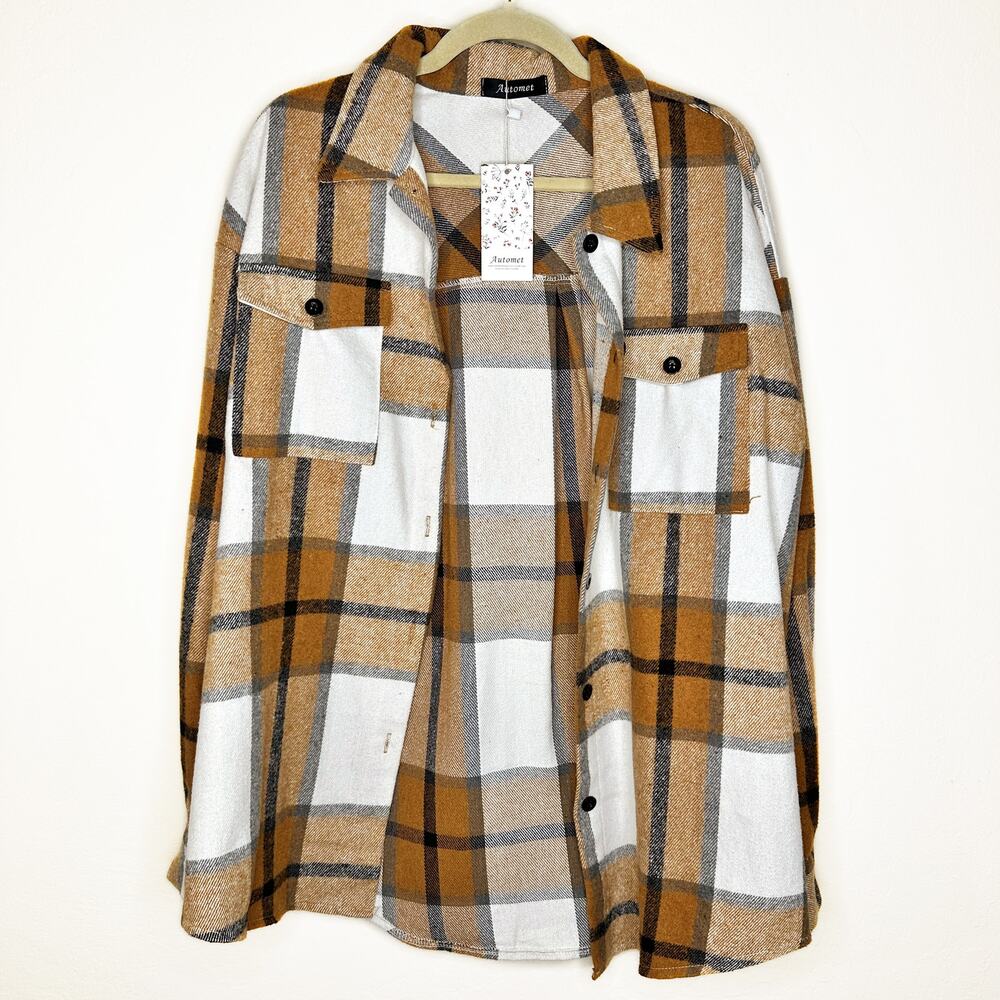 NWT Amazon Automet Plaid Flannel Button Down Fall Shirt Jacket Shacket Large - Picture 3 of 14